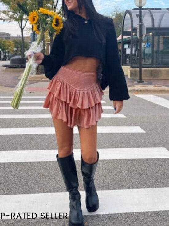 High Waist Ruffle Pleated Mini Skirt Stretchy Layered Flowy Beach Casual - Picture 5 of 6